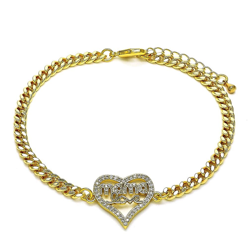 Gold Filled Fancy Bracelet Mom and Heart Design With White Micro Pave Polished Finish Golden Tone