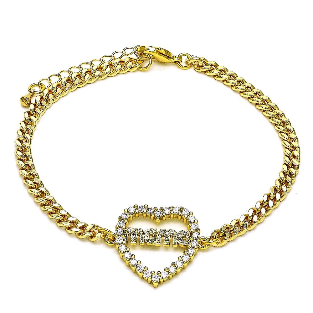 Gold Filled Fancy Bracelet Mom and Heart Design With White Micro Pave Polished Finish Golden Tone