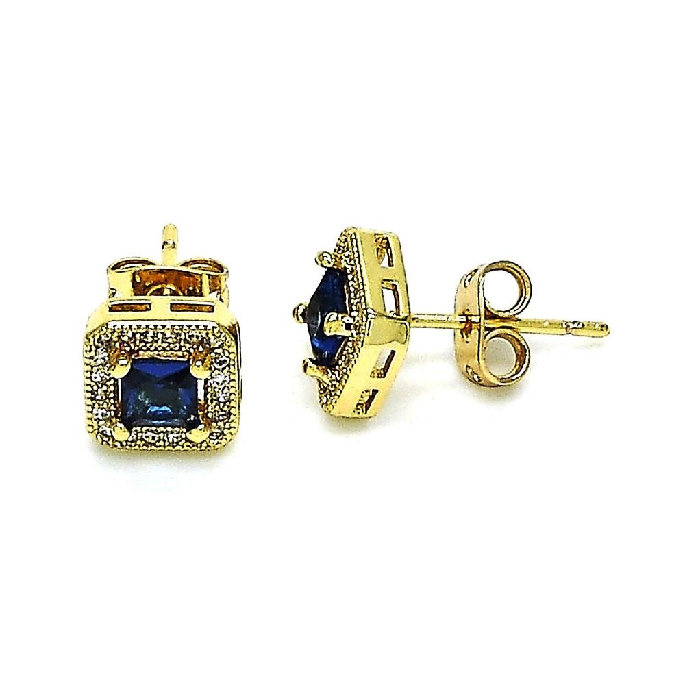 Gold Filled Stud Earring with Sapphire Blue Cubic Zirconia and White Micro Pave Polished Golden Tone