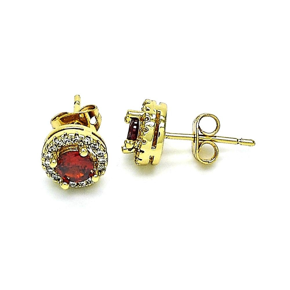 Gold Filled Stud Earrings with Garnet Cubic Zirconia and White Micro Pave Polished Golden Tone