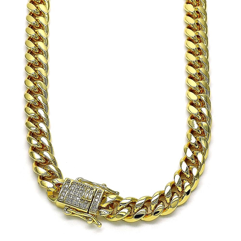 Gold Filled Basic Necklace Miami Cuban Design with White Micro Pave Polished Golden Tone