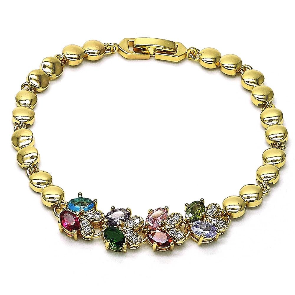 Gold Filled Fancy Bracelet Teardrop Design With Multicolor Cubic Zirconia and White Micro Pave Polished Finish Golden Tone