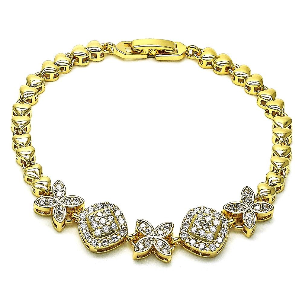 Gold Filled Fancy Bracelet Flower and Heart Design With White Cubic Zirconia Polished Finish Golden Tone