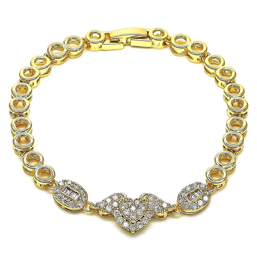 Gold Finish Fancy Bracelet Heart Design with White Micro Pave Polished Golden Tone