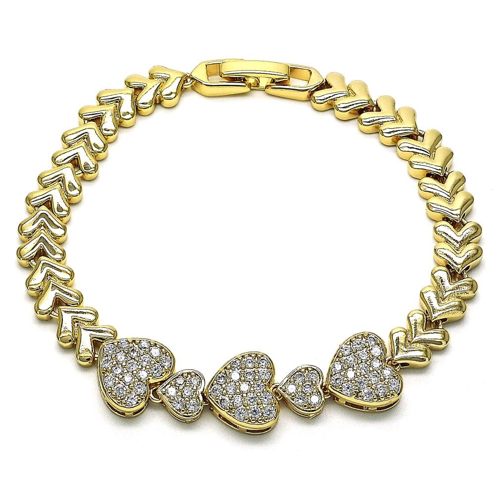 Gold Filled Fancy Bracelet Heart Design with White Micro Pave Polished Golden Tone