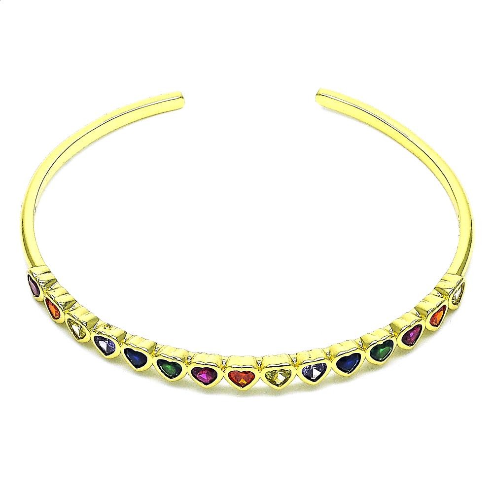 Gold Filled Individual Bangle Heart Shape with Multicolor Cubic Zirconia Polished Golden Tone