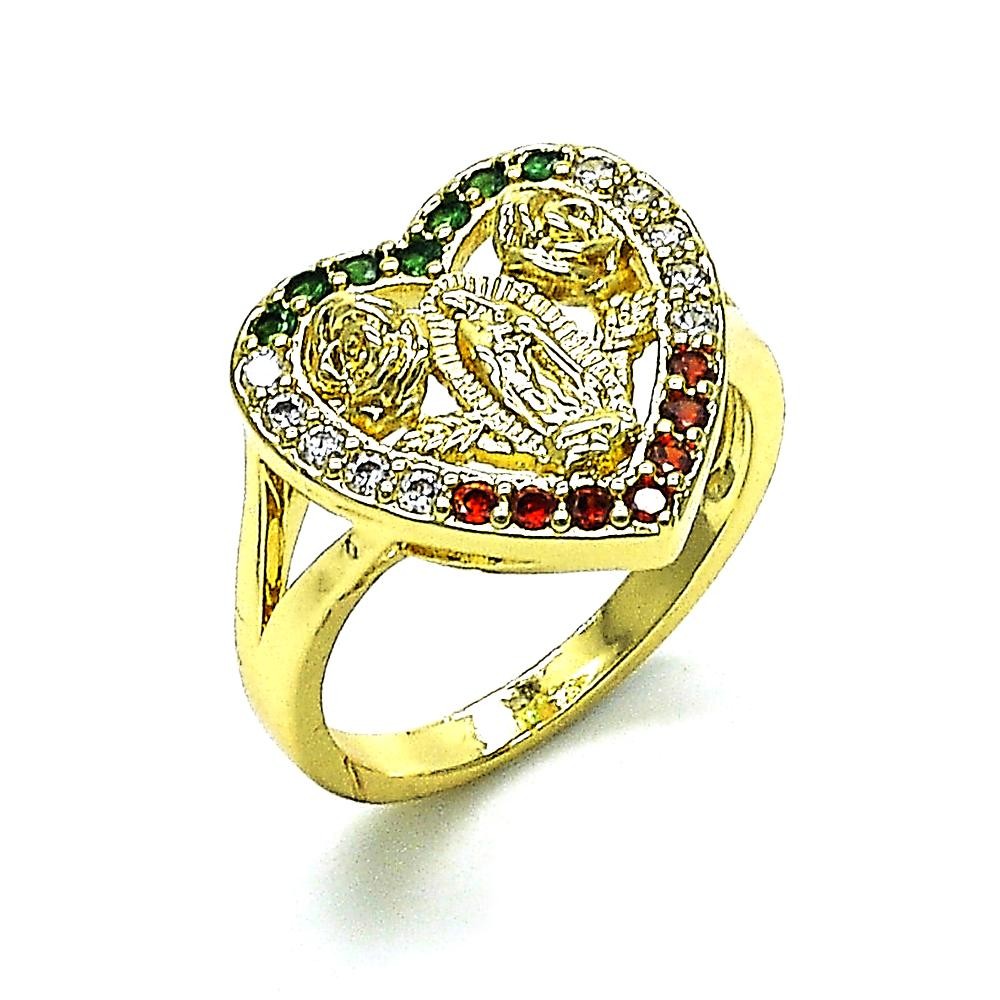 Gold Finish Multi Stone Ring Guadalupe and Heart Design with Multicolor Cubic Zirconia Polished Golden Tone Polished Golden Tone