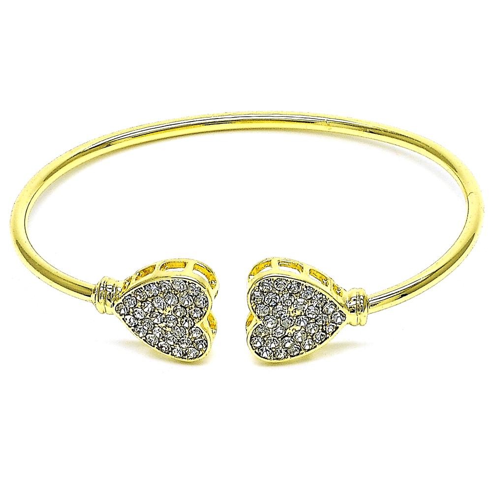 Gold Finish Individual Bangle Heart Design with White Crystal Polished Golden Tone