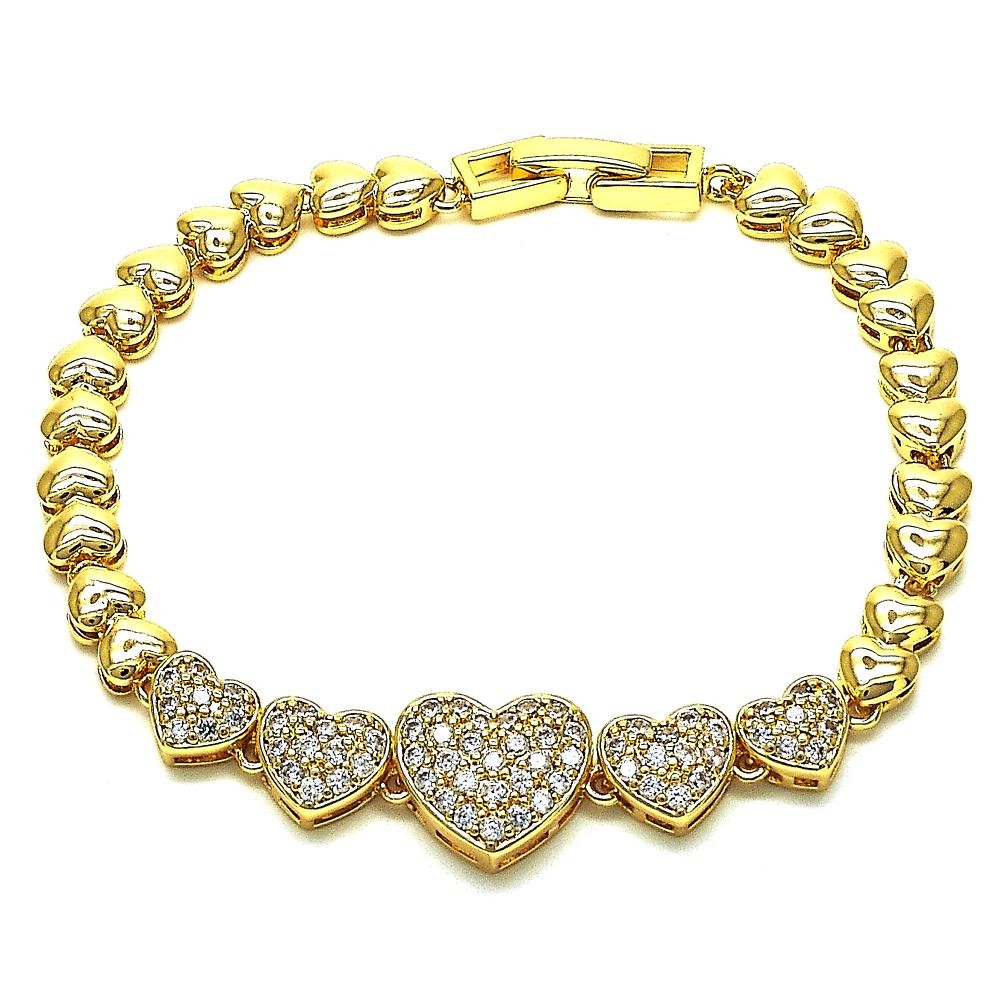 Gold Filled Fancy Bracelet Heart Design with White Micro Pave Polished Golden Tone