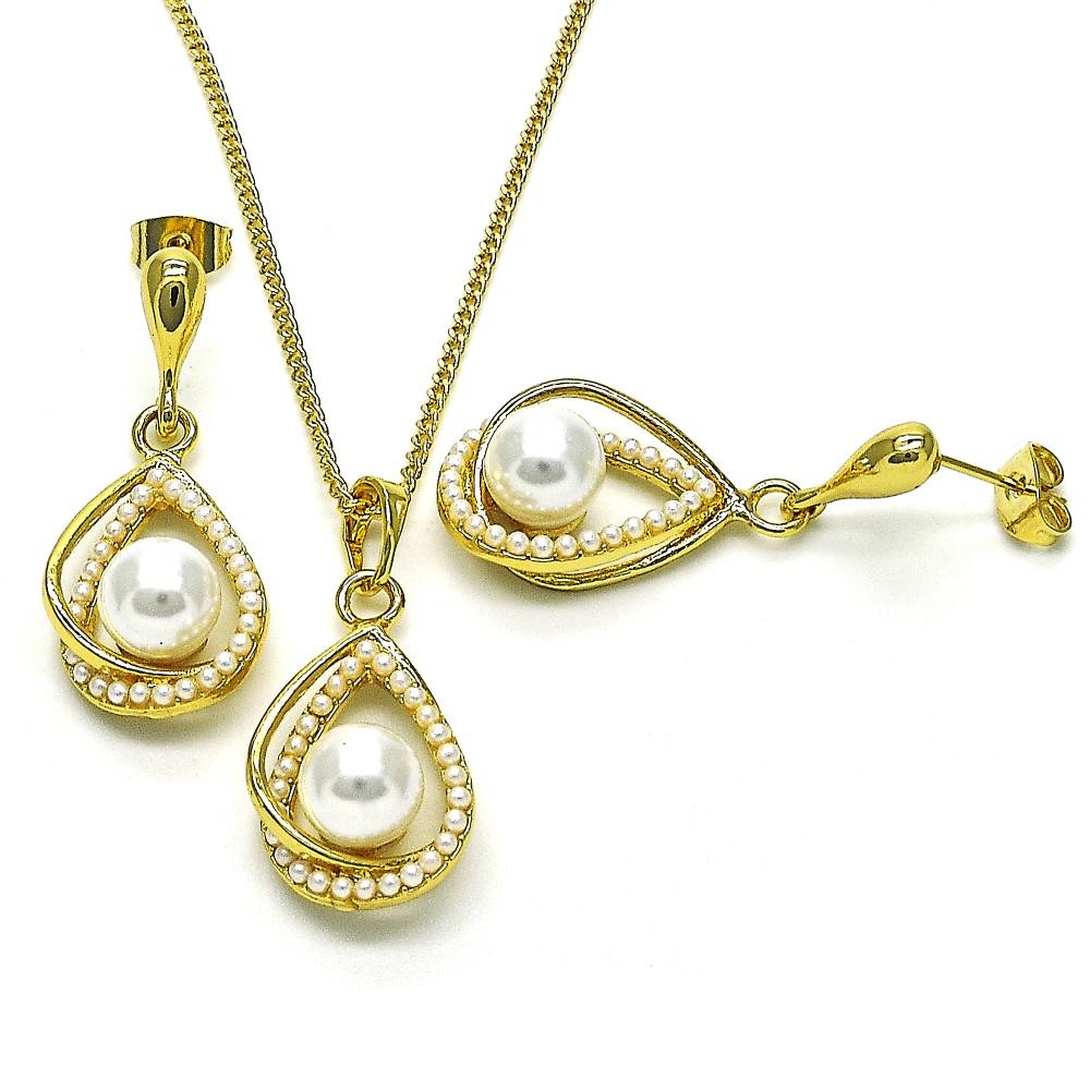 Gold Filled Earrings and Pendant Set Teardrop Design with Ivory Pearl Polished Golden Tone