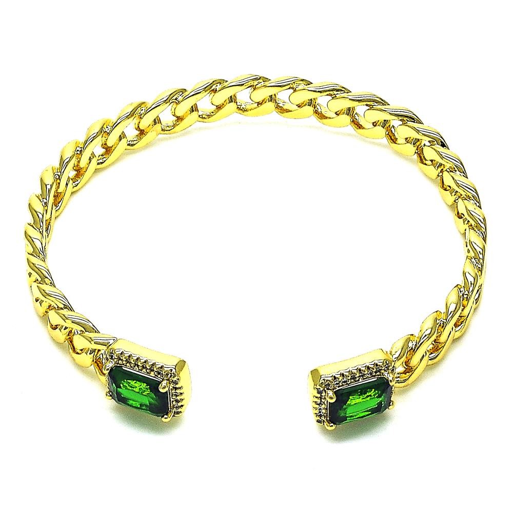 Gold Filled Individual Bangle Miami Cuban Design with Green Cubic Zirconia and White Micro Pave Polished Golden Tone