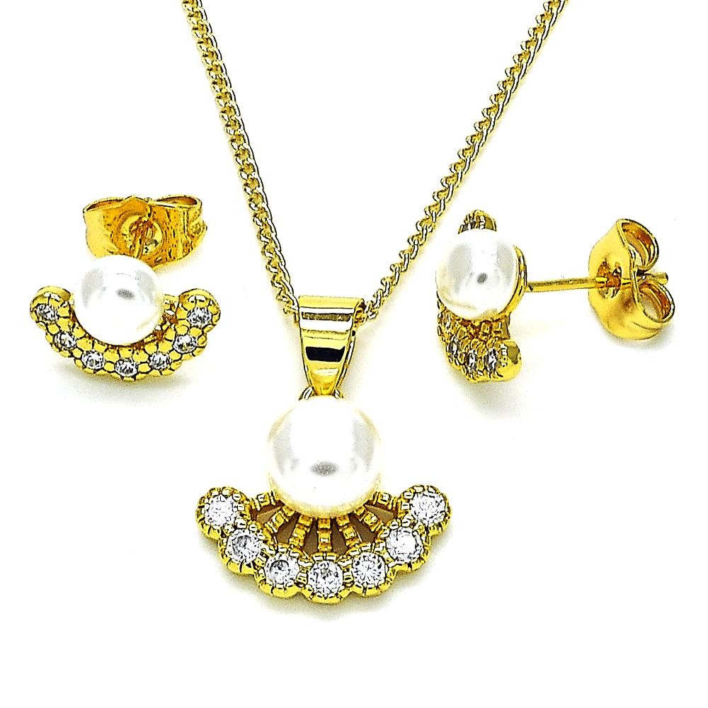 Gold Filled Earrings and Pendant Set with Ivory Pearl and White Micro Pave Polished Golden Tone