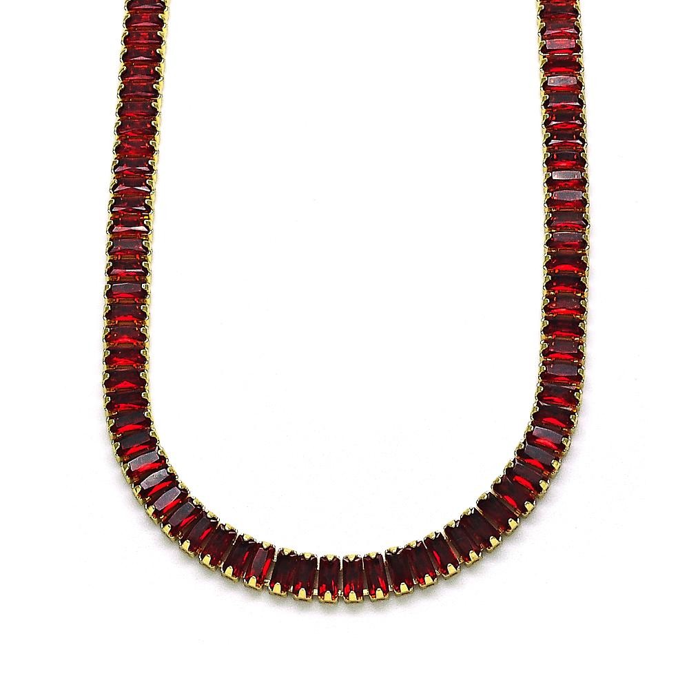 Gold Finish Fancy Necklace with Garnet Cubic Zirconia Polished Golden Tone