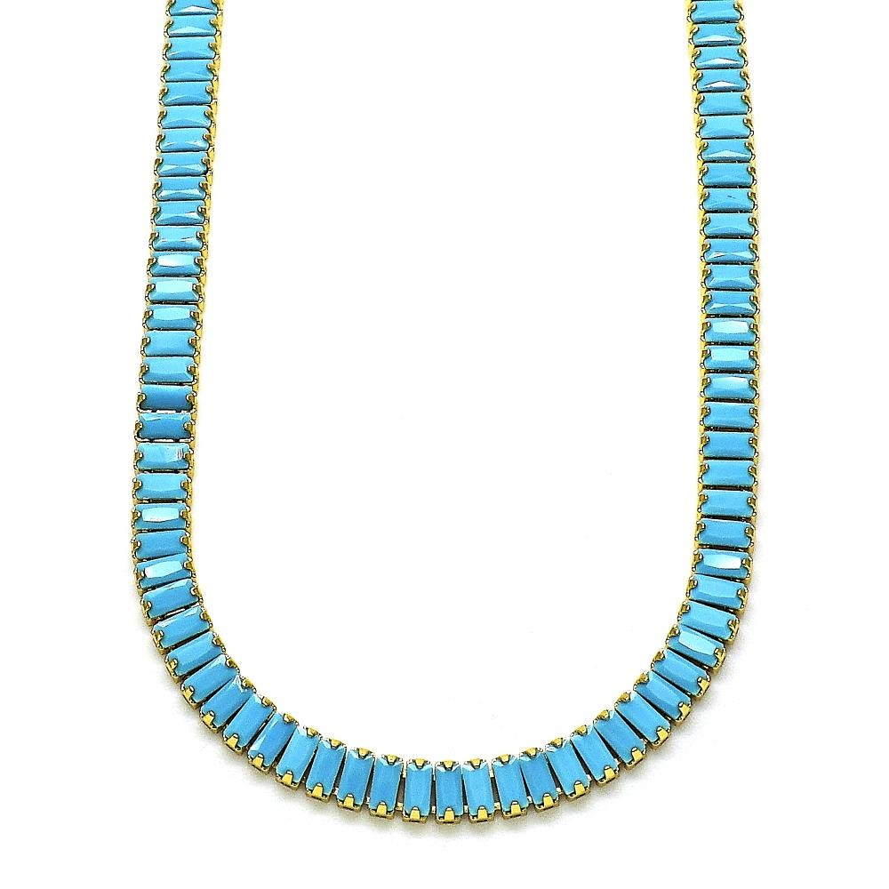 Gold Filled Fancy Necklace  Baguette Design with Turquoise Cubic Zirconia Polished Golden Finish 5 MM Thickness 12 Inches Length