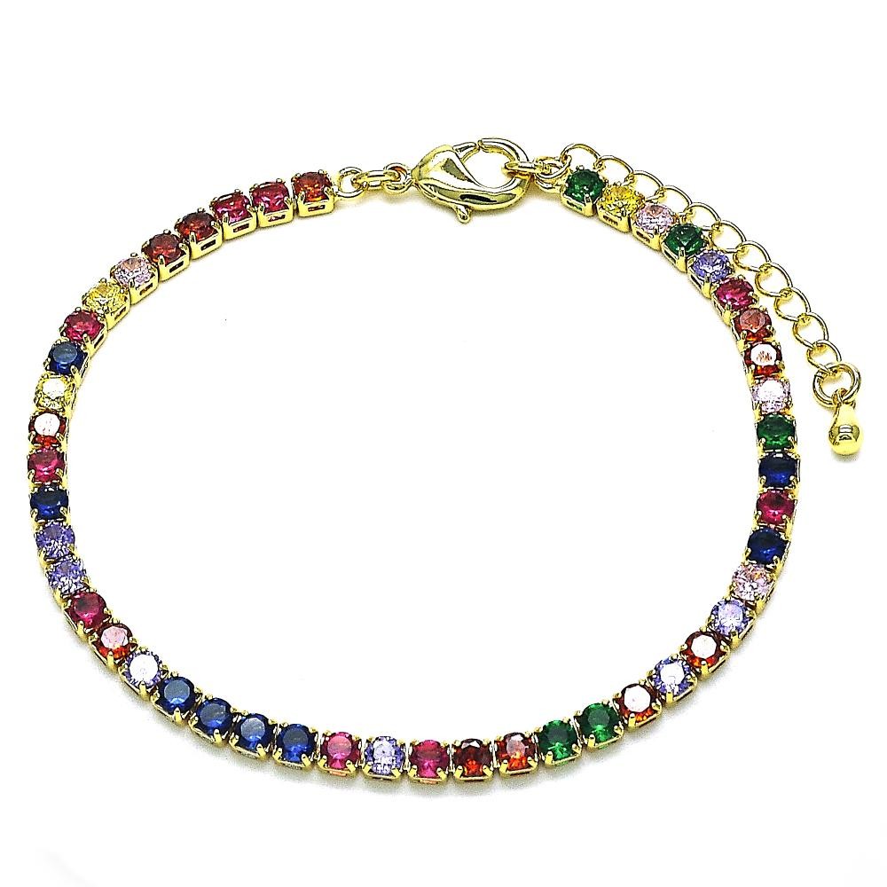 Gold Finish Tennis Bracelet with Multicolor Cubic Zirconia Polished Golden Tone