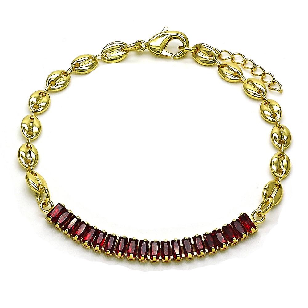 Gold Filled Fancy Bracelet Puff Mariner Design with Garnet Cubic Zirconia Polished Golden Tone