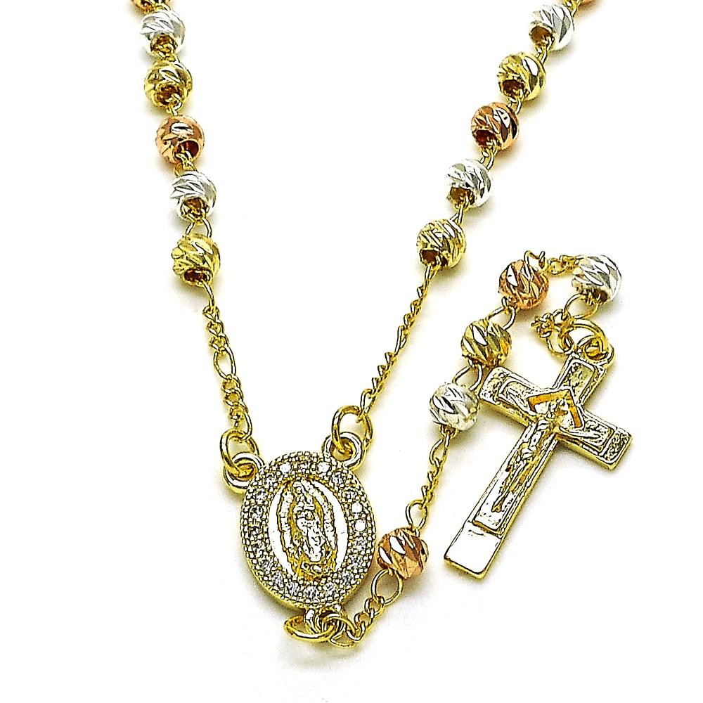 Gold Filled 20" Thin Rosary Guadalupe and Crucifix Design with White Crystal Diamond Cutting Finish Tri Tone