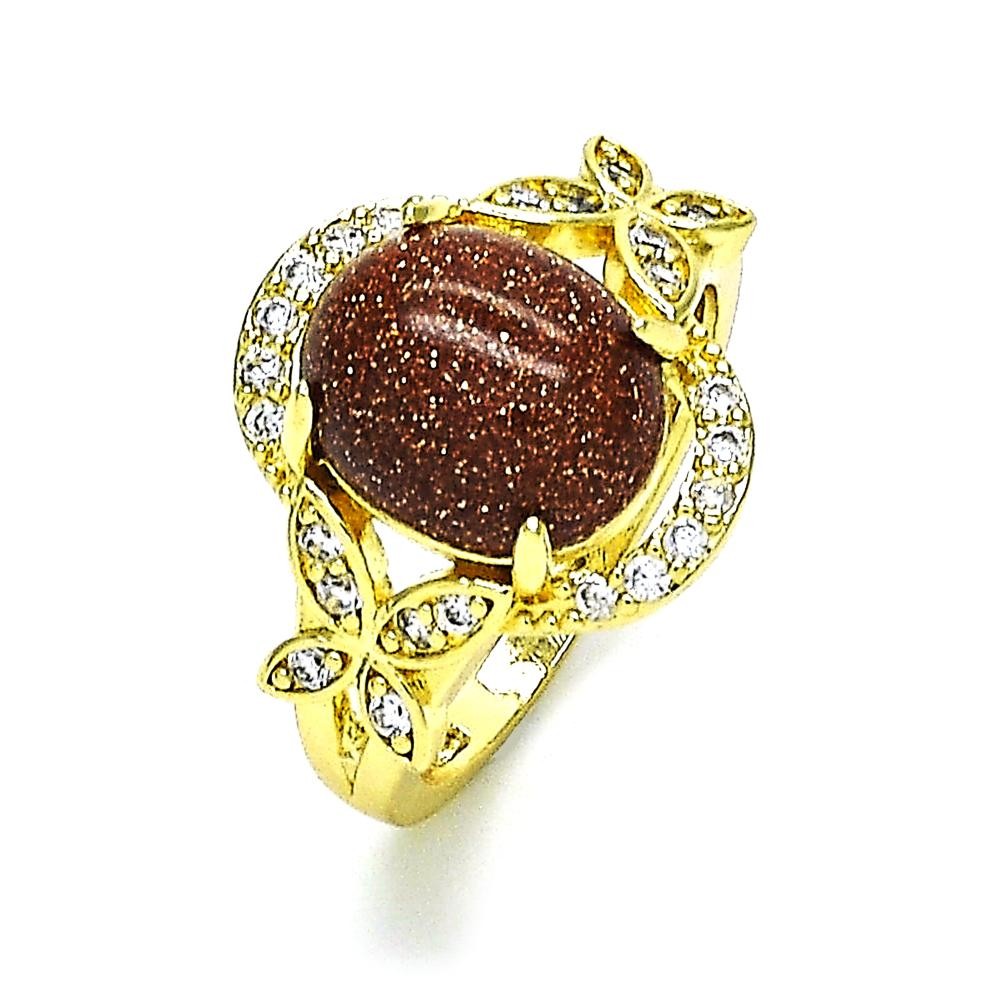 Gold Finish Multi Stone Ring Butterfly Design with Brown and White Micro Pave Polished Golden Tone