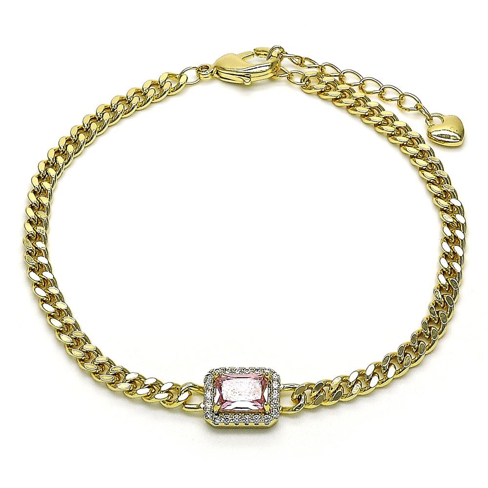 Gold Filled Fancy Bracelet with Pink Cubic Zirconia and White Micro Pave Polished Golden Tone