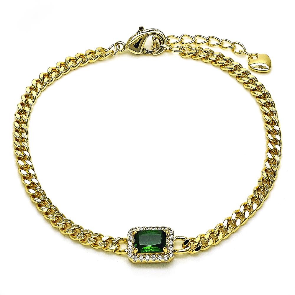 Gold Filled Fancy Bracelet with Green Cubic Zirconia and White Micro Pave Polished Golden Tone
