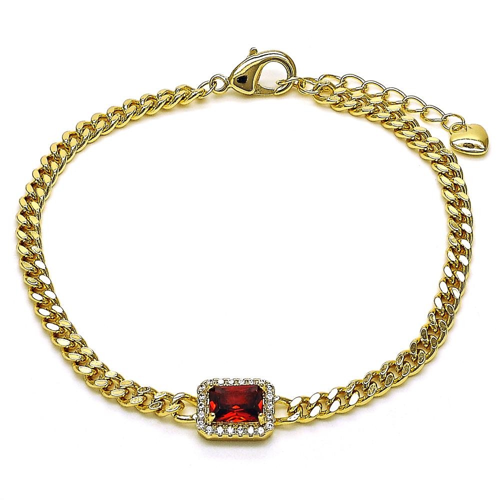 Gold Filled Fancy Bracelet with Garnet Cubic Zirconia and White Micro Pave Polished Golden Tone