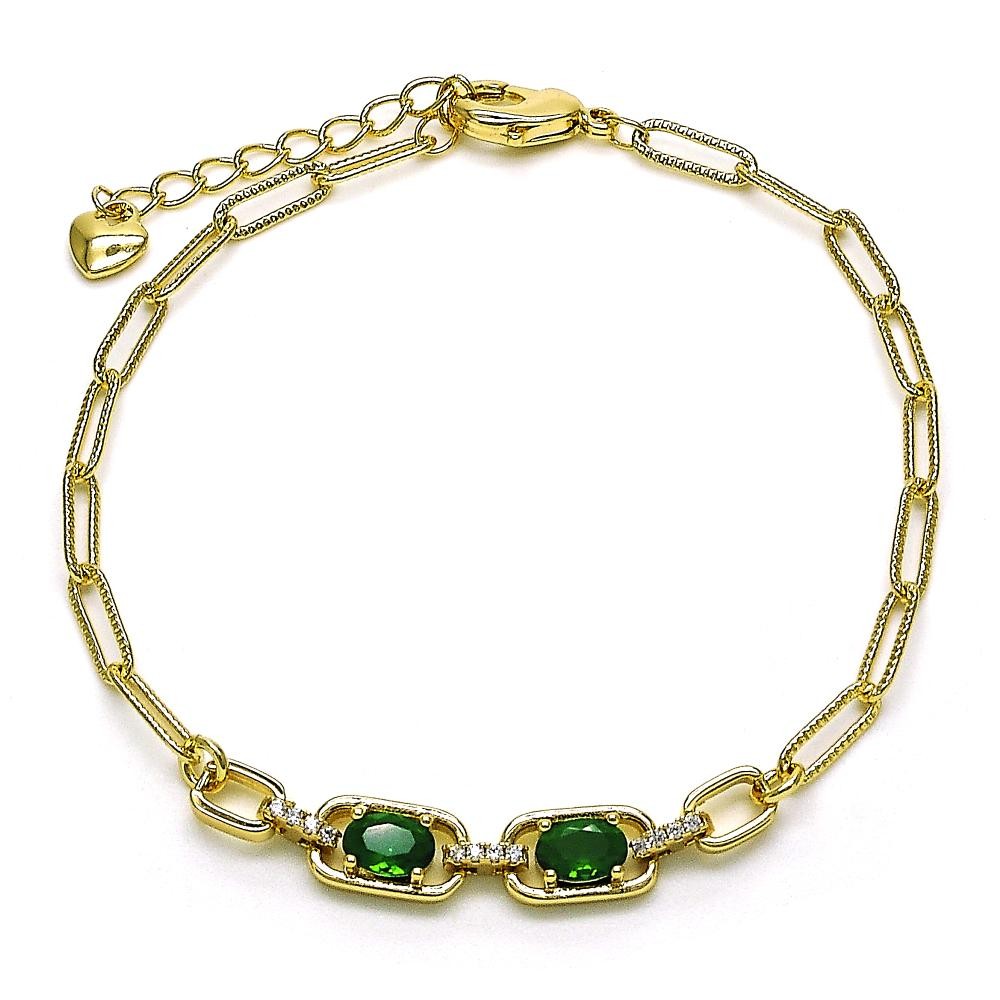 Gold Filled Fancy Bracelet Paperclip Design with Green Cubic Zirconia and White Micro Pave Polished Golden Tone
