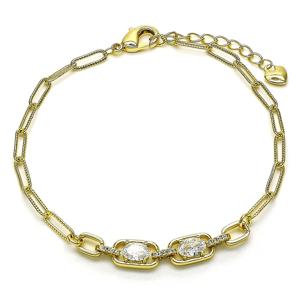Gold Filled Fancy Bracelet Paperclip Design with White Cubic Zirconia and White Micro Pave Polished Golden Tone