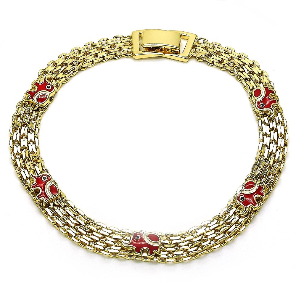 Gold Filled Fancy Bracelet Elephant Design Red Enamel Finish Golden Tone