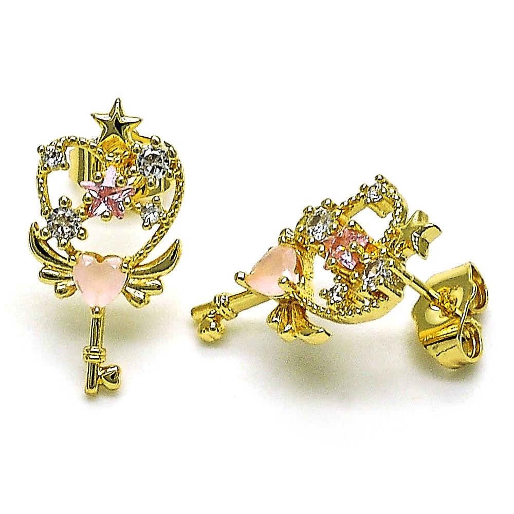 Gold Finish Stud Earring key and Heart Design with Rose Water Opal and Pink Cubic Zirconia Polished Golden Tone