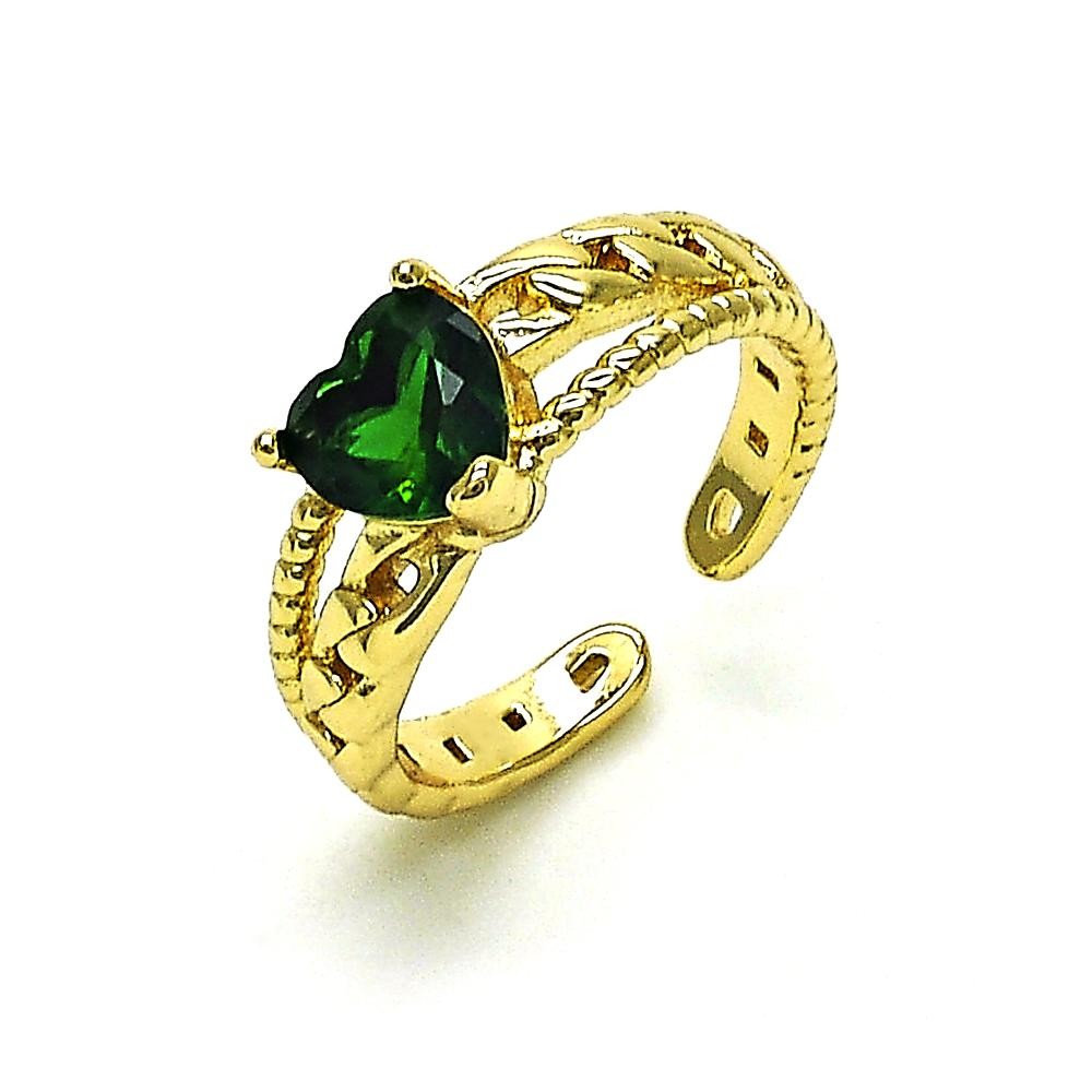 Gold Finish Multi Stone Ring Heart Design with Green Cubic Zirconia Polished Golden Tone