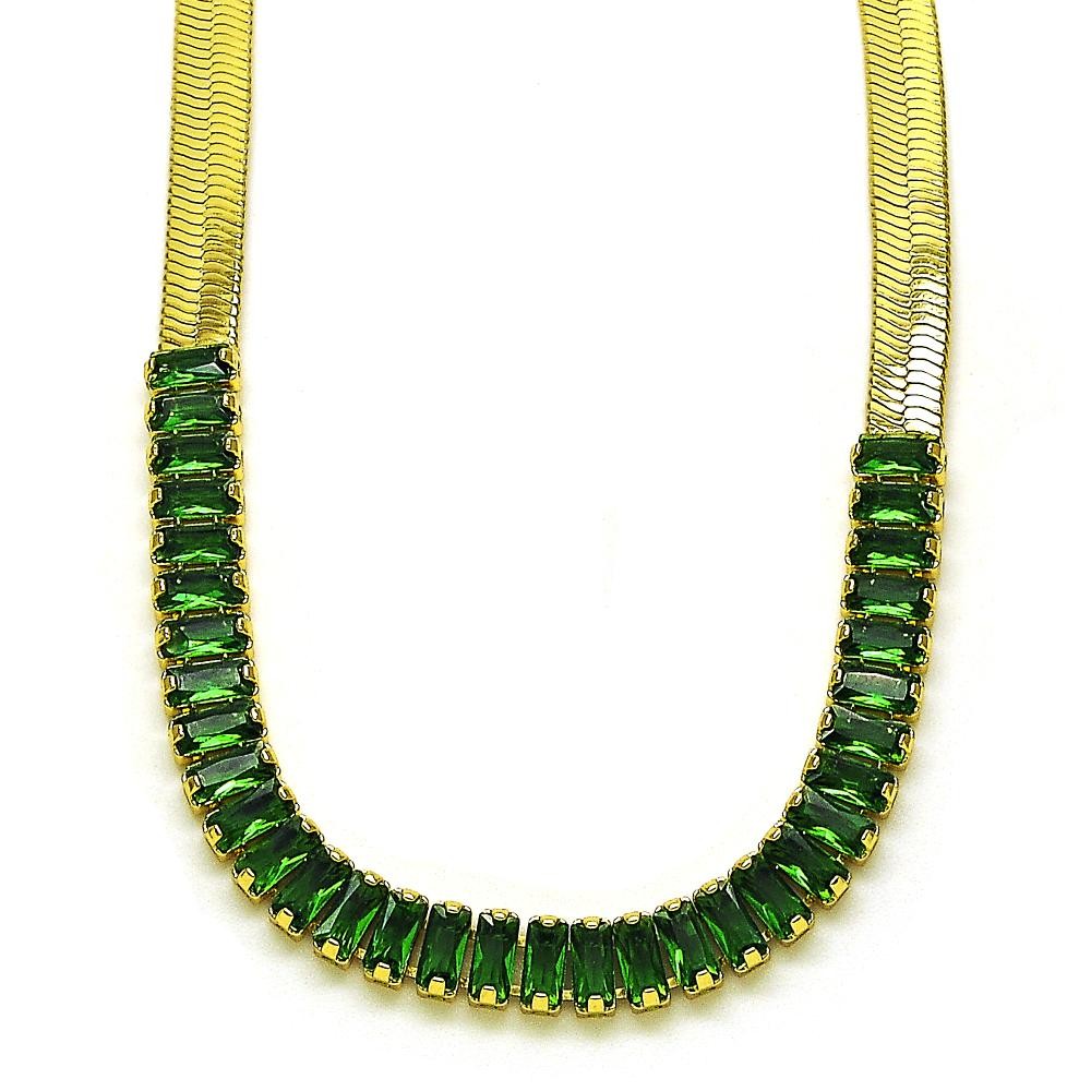 Gold Filled Fancy Necklace Baguette Design with Green Cubic Zirconia Polished Golden Tone