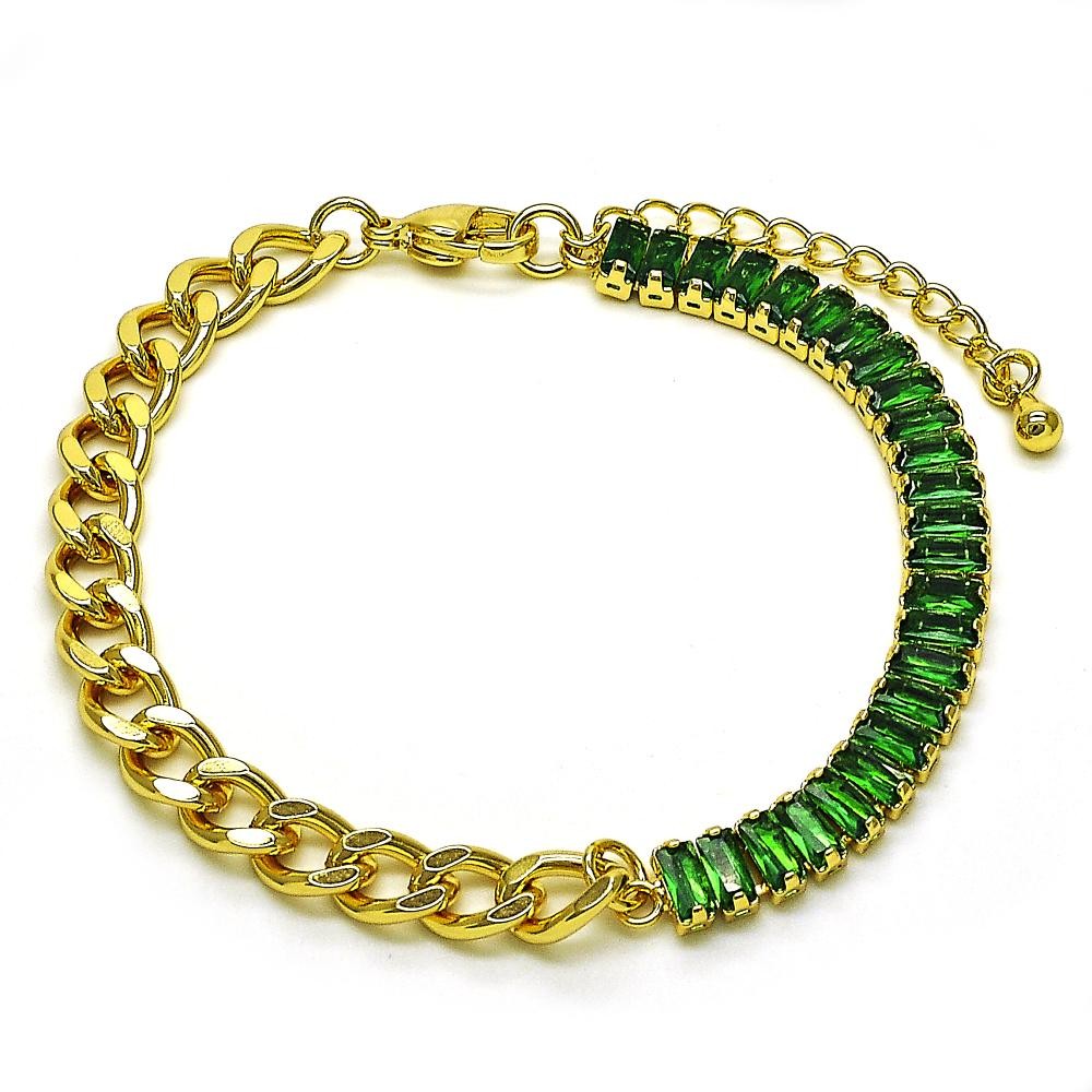 Gold Filled Fancy Bracelet Miami Cuban Design with Green Cubic Zirconia Polished Golden Tone