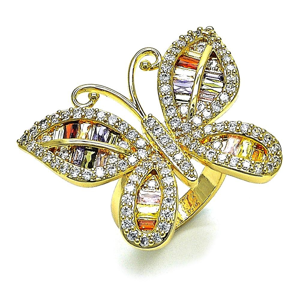 Gold Finish Multi Stone Ring Butterfly Design with Multicolor Cubic Zirconia Polished Golden Tone