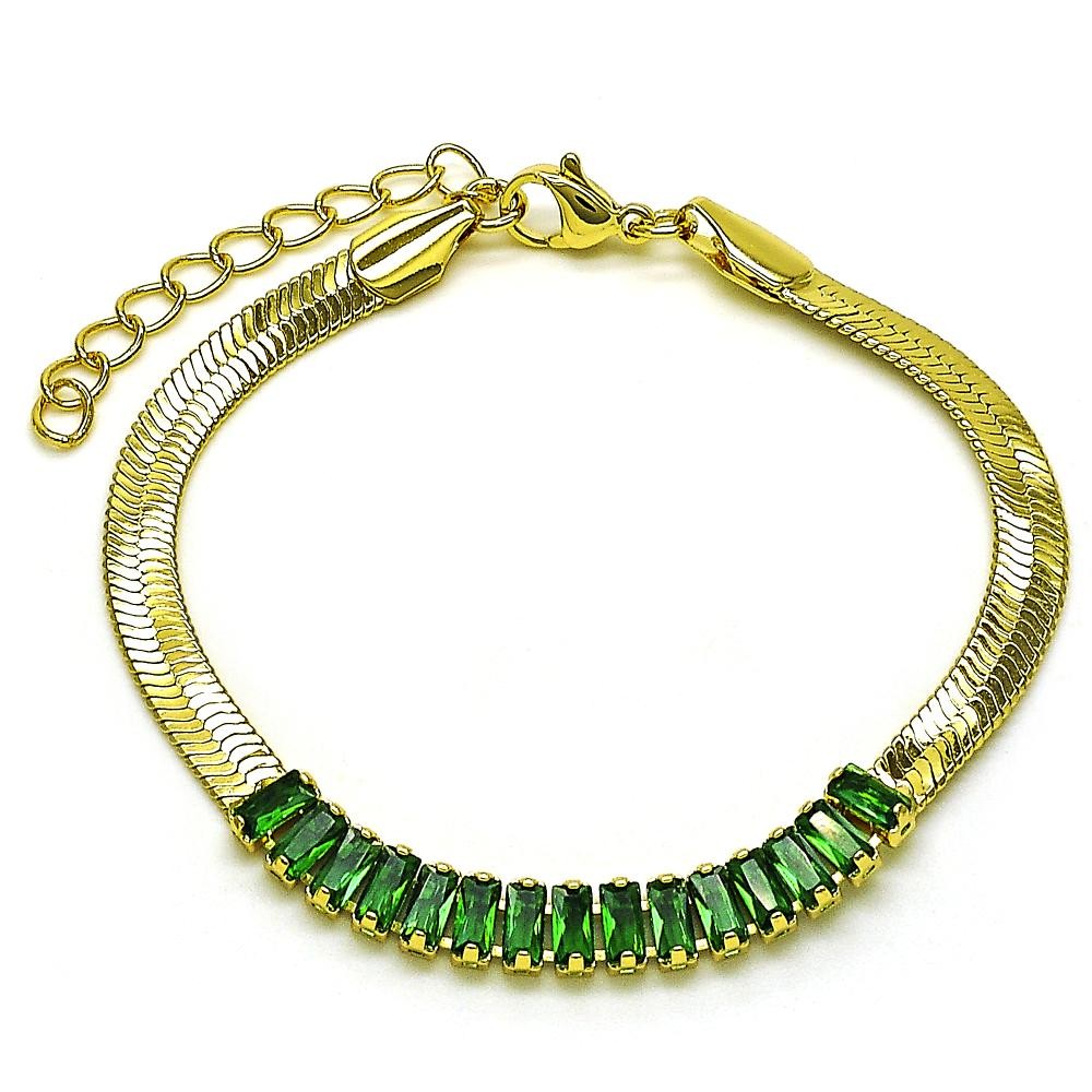 Gold Finish Fancy Bracelet with Green Cubic Zirconia Polished Golden Tone