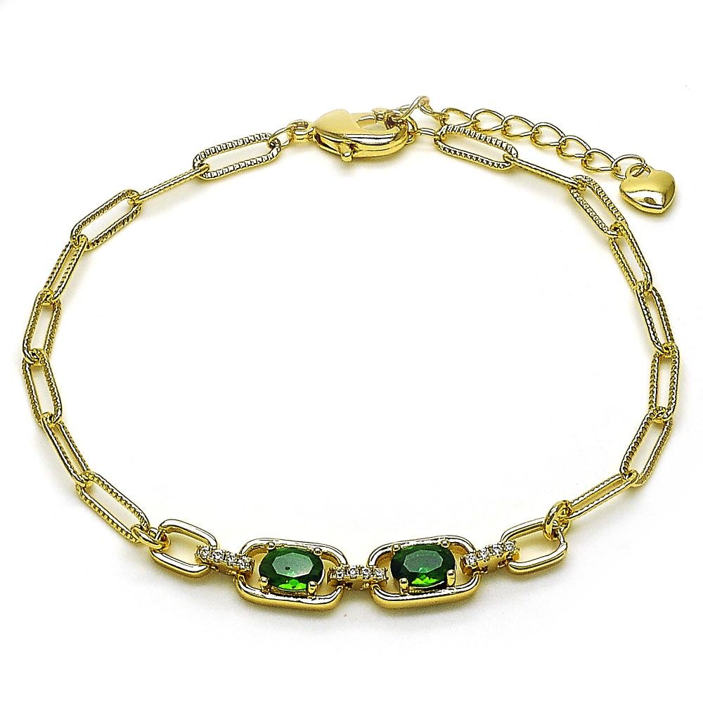 Gold Filled Fancy Bracelet Paperclip Design with Green and White Cubic Zirconia Polished Golden Tone