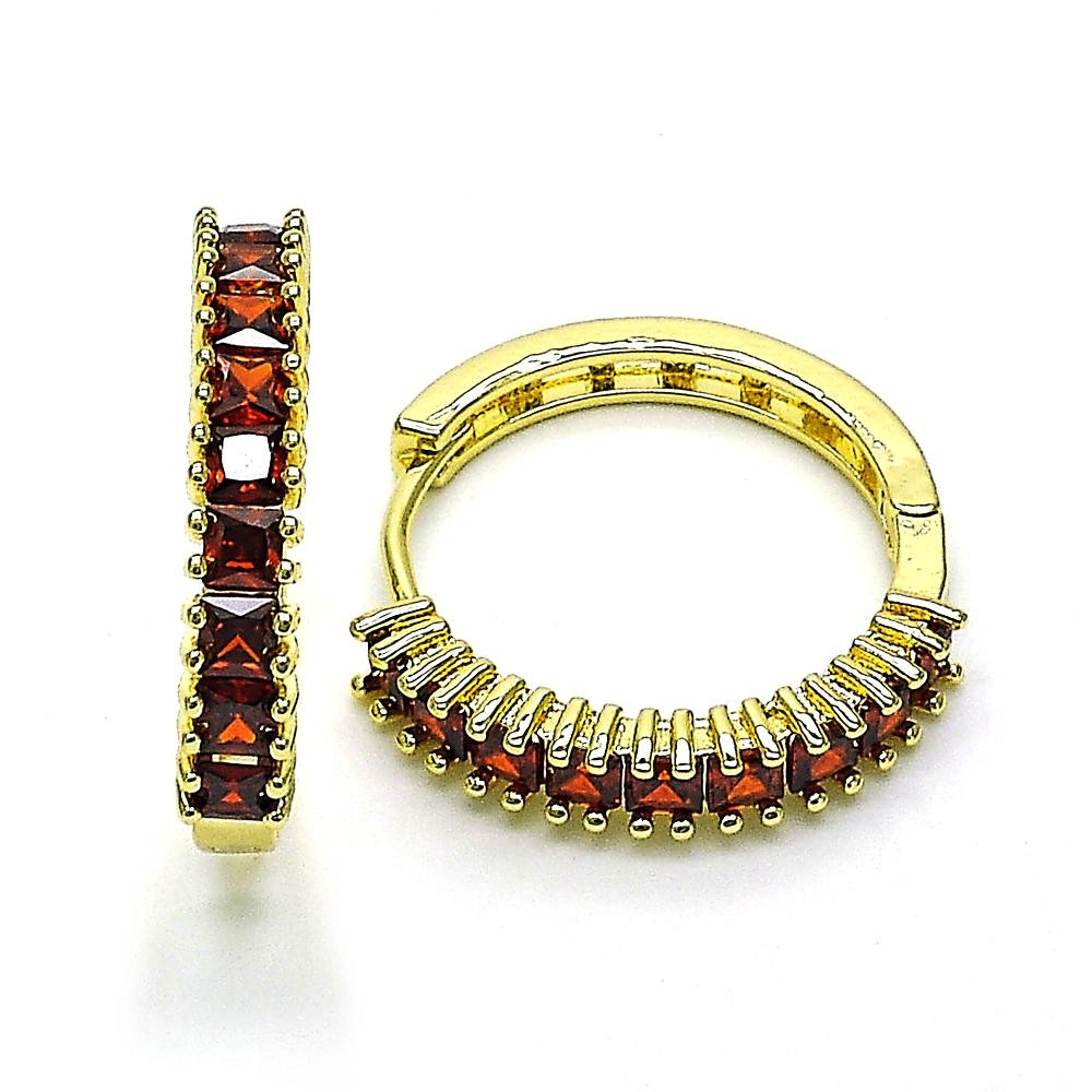 Gold Finish Huggie Hoop with Garnet Cubic Zirconia Polished Golden Tone