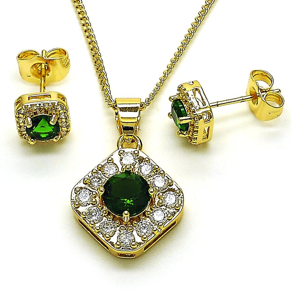 Gold Filled Earring and Pendant Set with Green Cubic Zirconia and White Micro Pave Polished Golden Tone