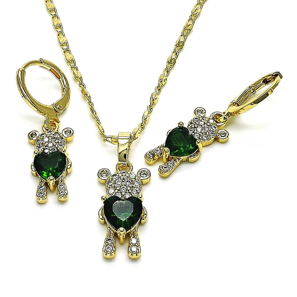 Gold Finish Earring and Pendant Set with Emerald Green Cubic Zirconia and White Micro Pave Polished Golden Tone
