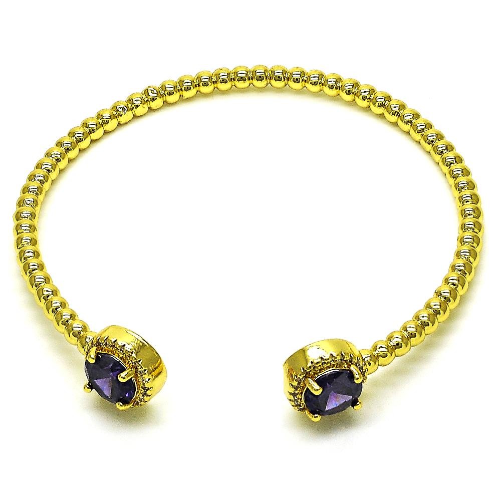 Gold Finish Individual Bangle with Dark Amethyst Cubic Zirconia and White Micro Pave Polished Golden Tone