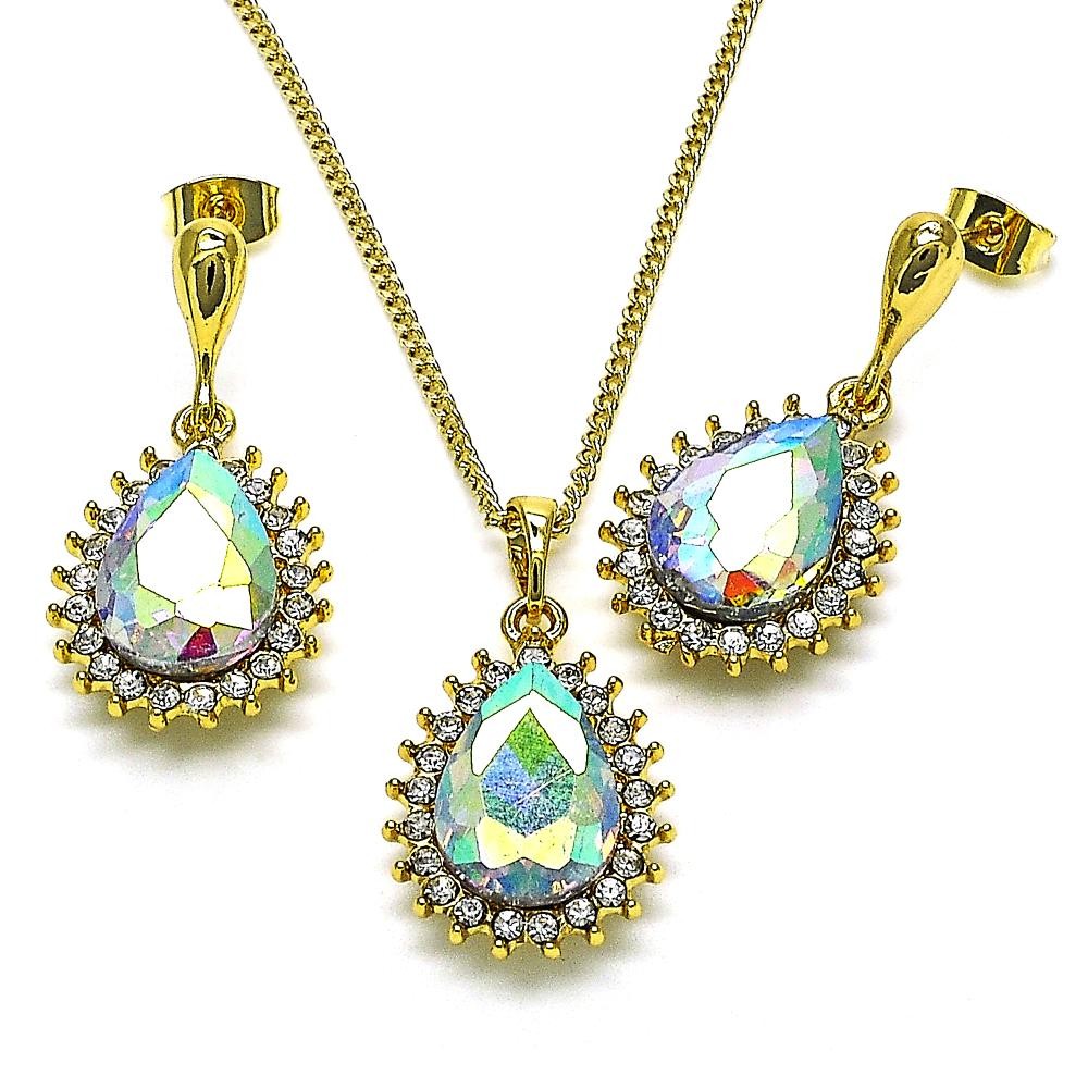 Gold Finish Earring and Pendant Adult Set Teardrop Design with Aurore Boreale and White Crystal Polished Golden Tone