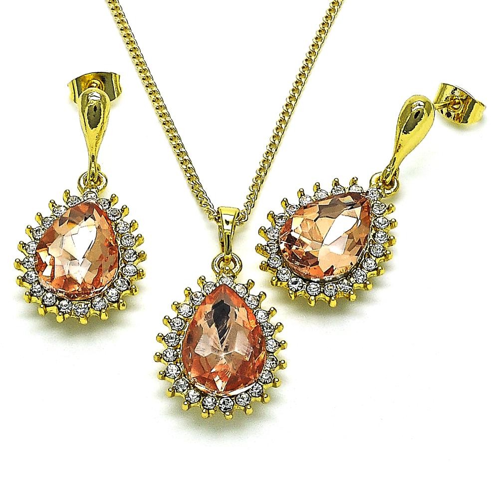 Gold Finish Earring and Pendant Set Teardrop Design with Dark Champagne and White Crystal Polished Golden Tone