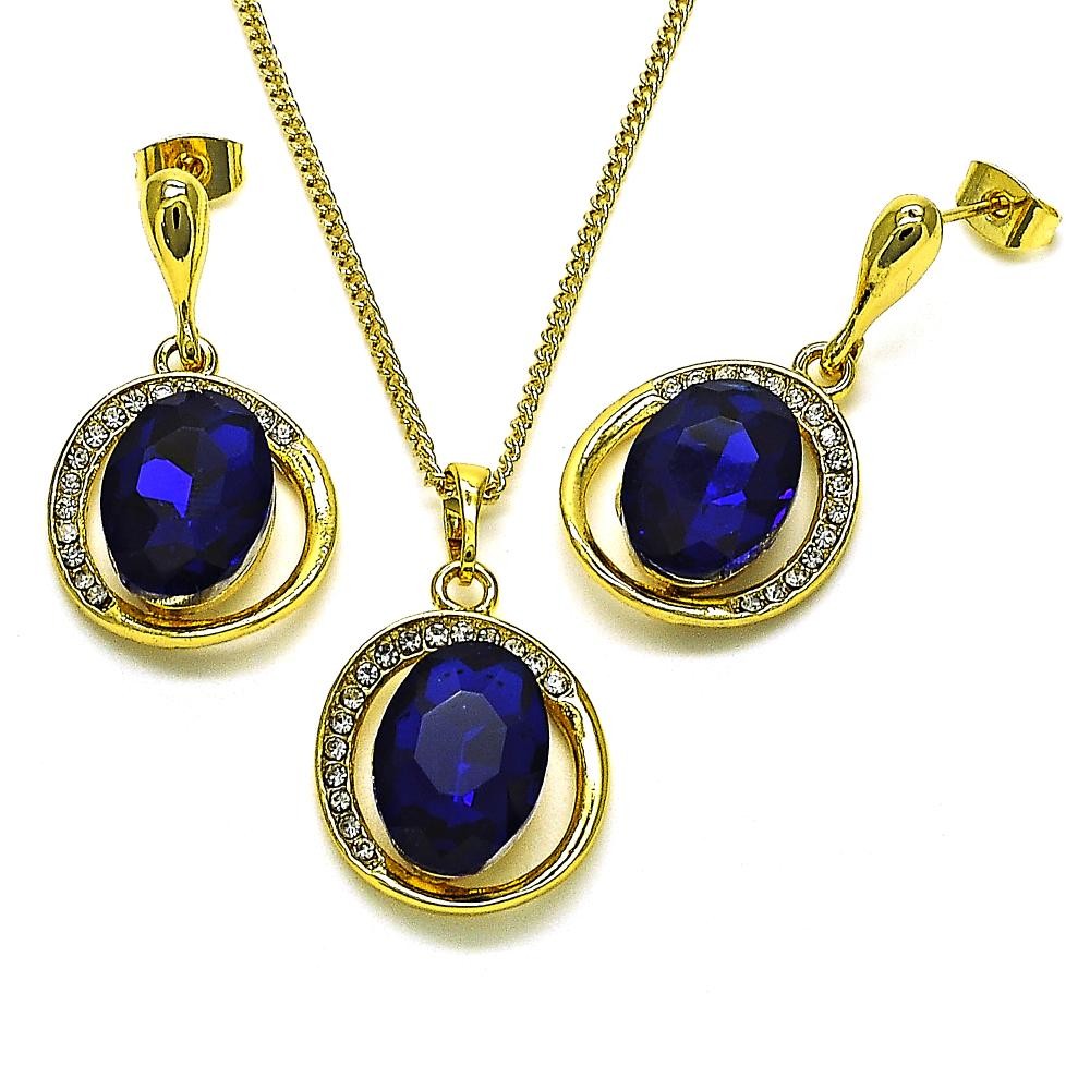 Gold Finish Earring and Pendant Adult Set with Sapphire Blue and Crystal Crystal Polished Golden Tone