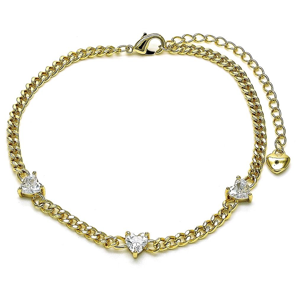 Gold Finish Fancy Bracelet Heart and Miami Cuban Design with White Cubic Zirconia Polished Golden Tone