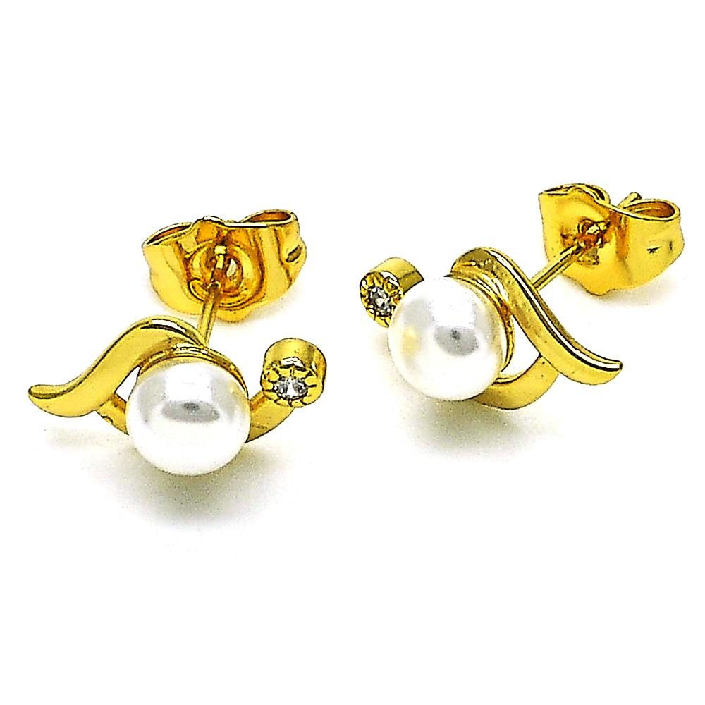Gold Filled Stud Earring with White Cubic Zirconia and Ivory Pearl Polished Golden Tone