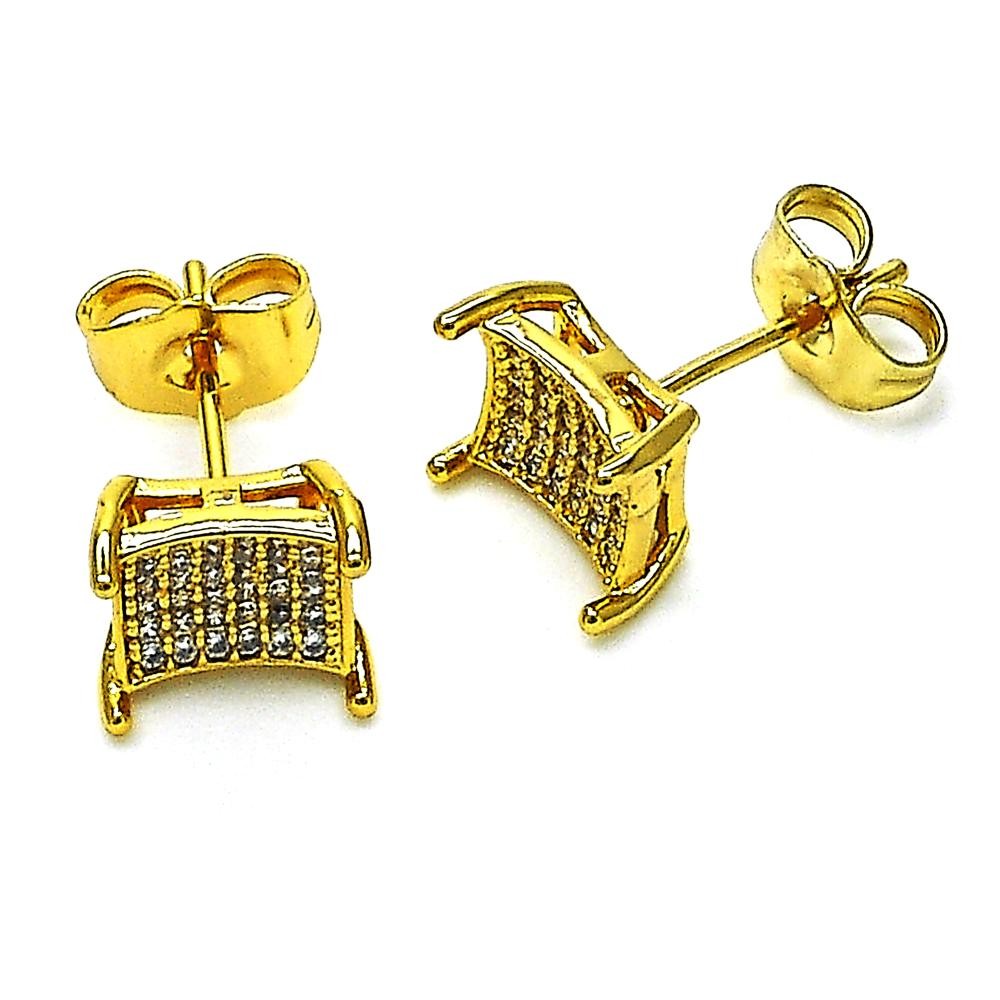 Gold Filled Stud Earring with White Micro Pave Polished Golden Finish