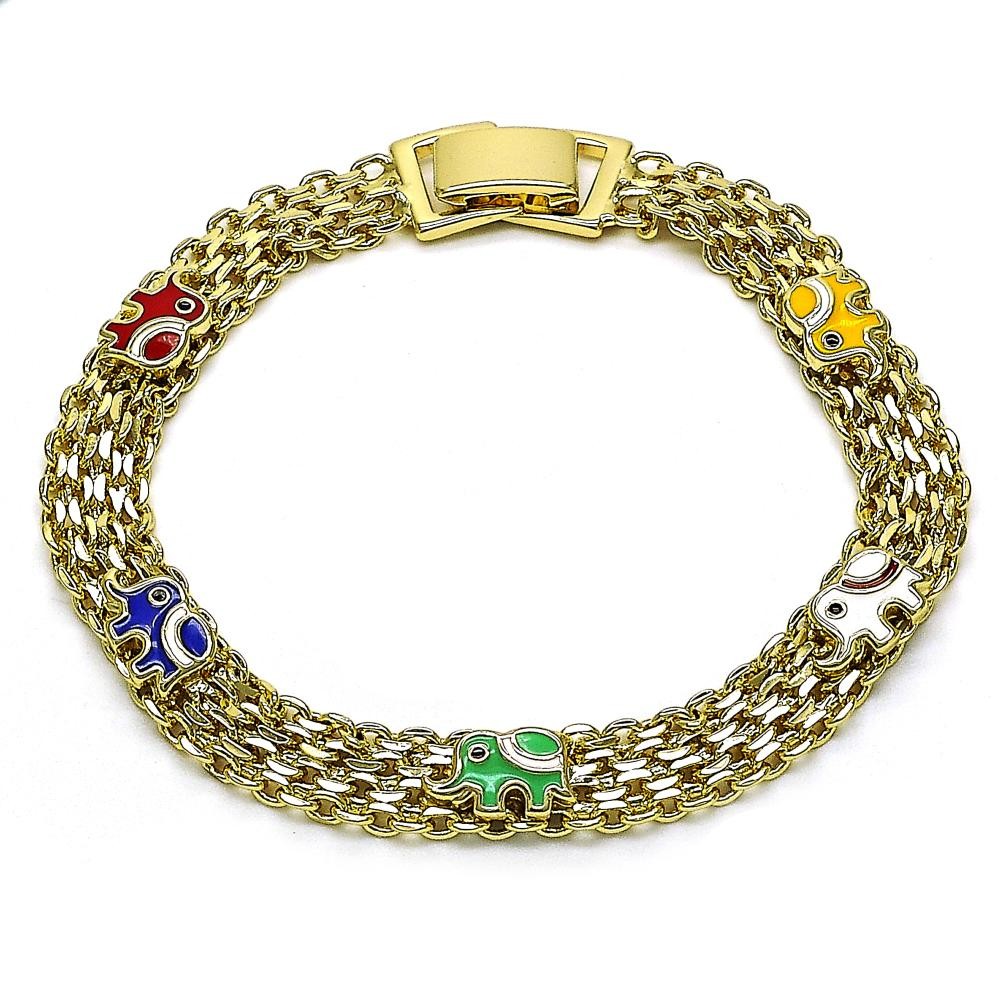 Gold Filled Fancy Bracelet Elephant Design Multicolor Enamel Finish Golden Tone