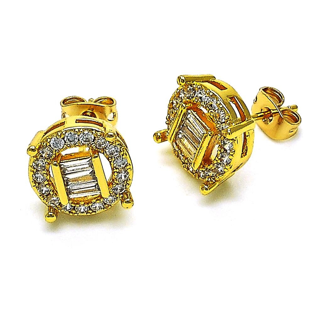 Gold Filled Stud Earrings Baguette Design with White Cubic Zirconia and White Micro Pave Polished Golden Finish