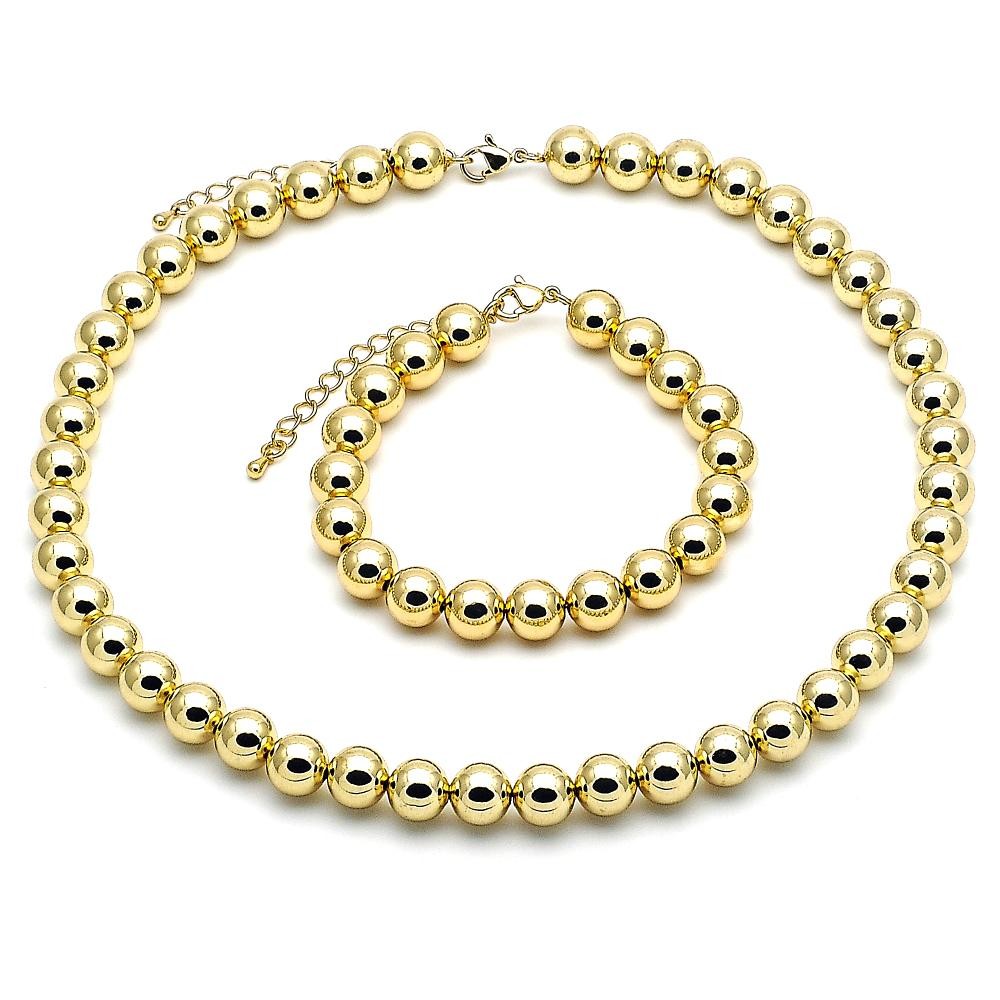 Gold Finish Necklace and Bracelet Ball Design Polished Golden Tone