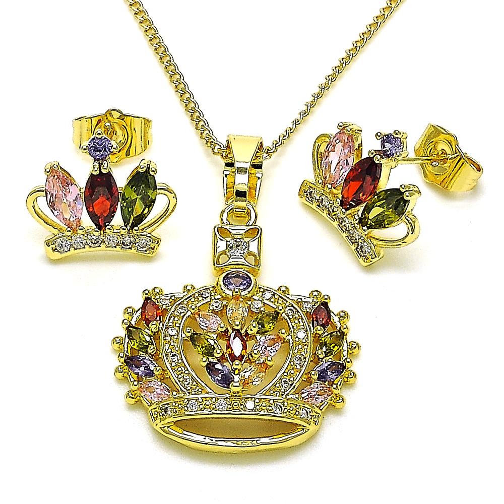 Gold Finish Earring and Pendant Set Crown Design with Multicolor Cubic Zirconia and White Micro Pave Polished Golden Tone