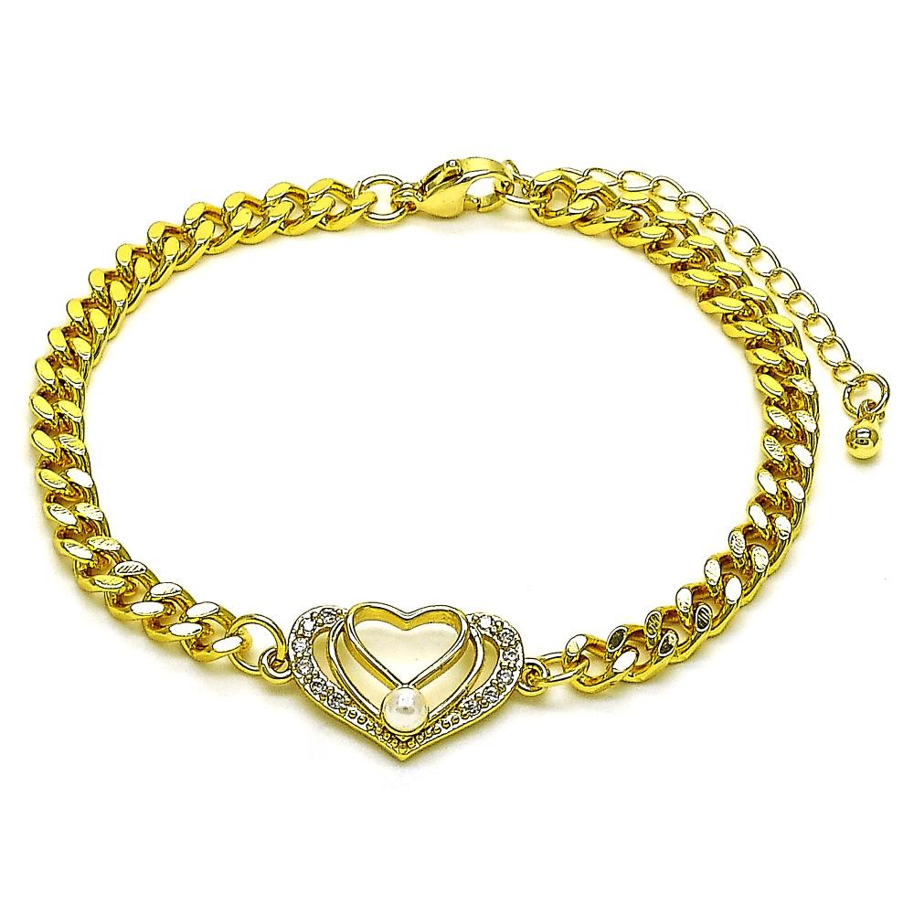 Gold Finish Fancy Bracelet Heart Design with Ivory Pearl and White Micro Pave Polished Golden Tone
